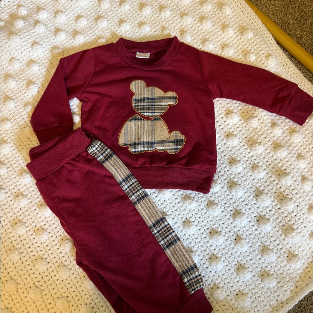Burgundy Bear Plaid Toddler Outfit